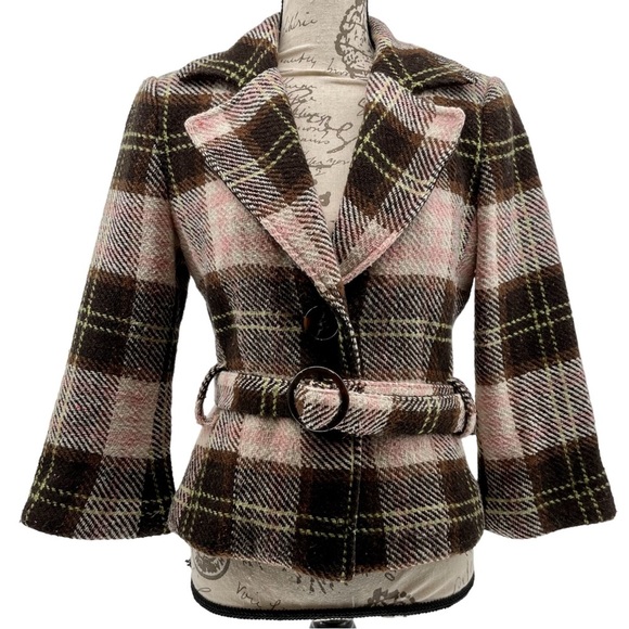 Cabi Kate blazer tweed plaid jacket Italian yarn clueless Academia 4 brown pink - Picture 1 of 5